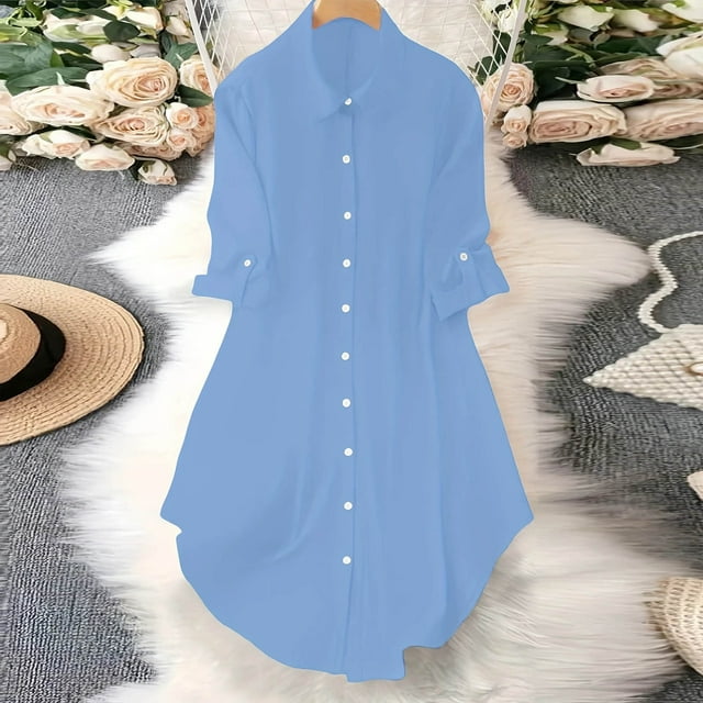 Soki Robe Chemise Boutonnée pour Femmes avec Poches, Col Oversize, Manches Longues, Tunique Asymétrique