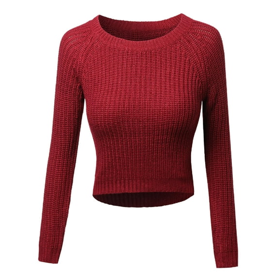 FashionOutfit Women's Long Sleeves Round Neck High-Low Knit Crop Top Sweatshirt