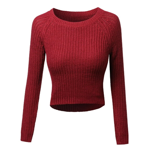 FashionOutfit Women's Long Sleeves Round Neck High-Low Knit Crop Top Sweatshirt