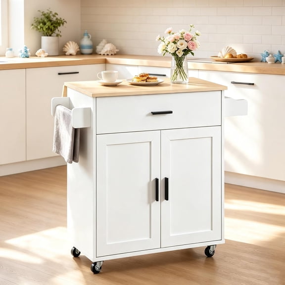 Rolling Kitchen Island with Storage, Mobile Kitchen Cart with Cabinet, Drawer, Open Shelves, Spice Rack and Towel Holder, Kitchen Island Table with Wood Countertop for Home Kitchen Apartment
