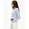 thumbnail image 4 of Women's Boat Neck Striped Open Knit Relaxed Fit Pullover Sweater Blue XL, 4 of 8