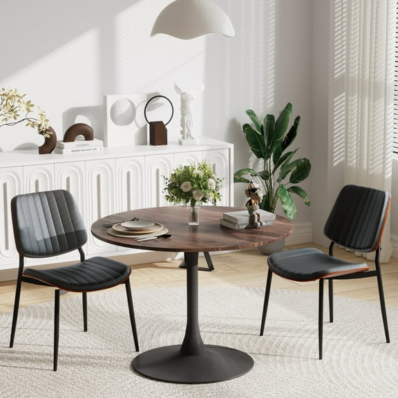 KATBOC Mid-Century Modern Dining Set, 31in Tulip Table & 2 PU Upholstered Chairs, Ergonomic Retro Kitchen Set for 2-4 People, Space-Saving Design for Living Room,Balcony, BLack Wood