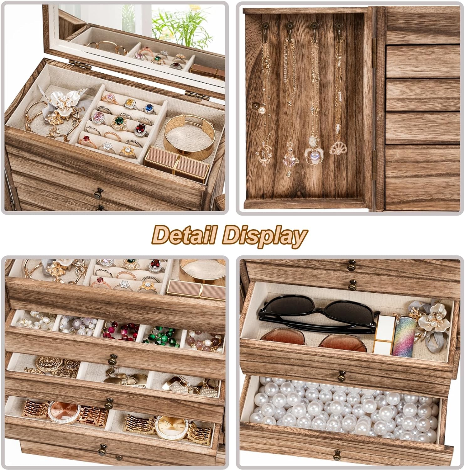Sfugno Jewelry Box,  6-Tier Large Wooden Jewelry Organizer Boxes for Women, Wood jewlery Storage Display for Rings Earrings Necklaces,Brown