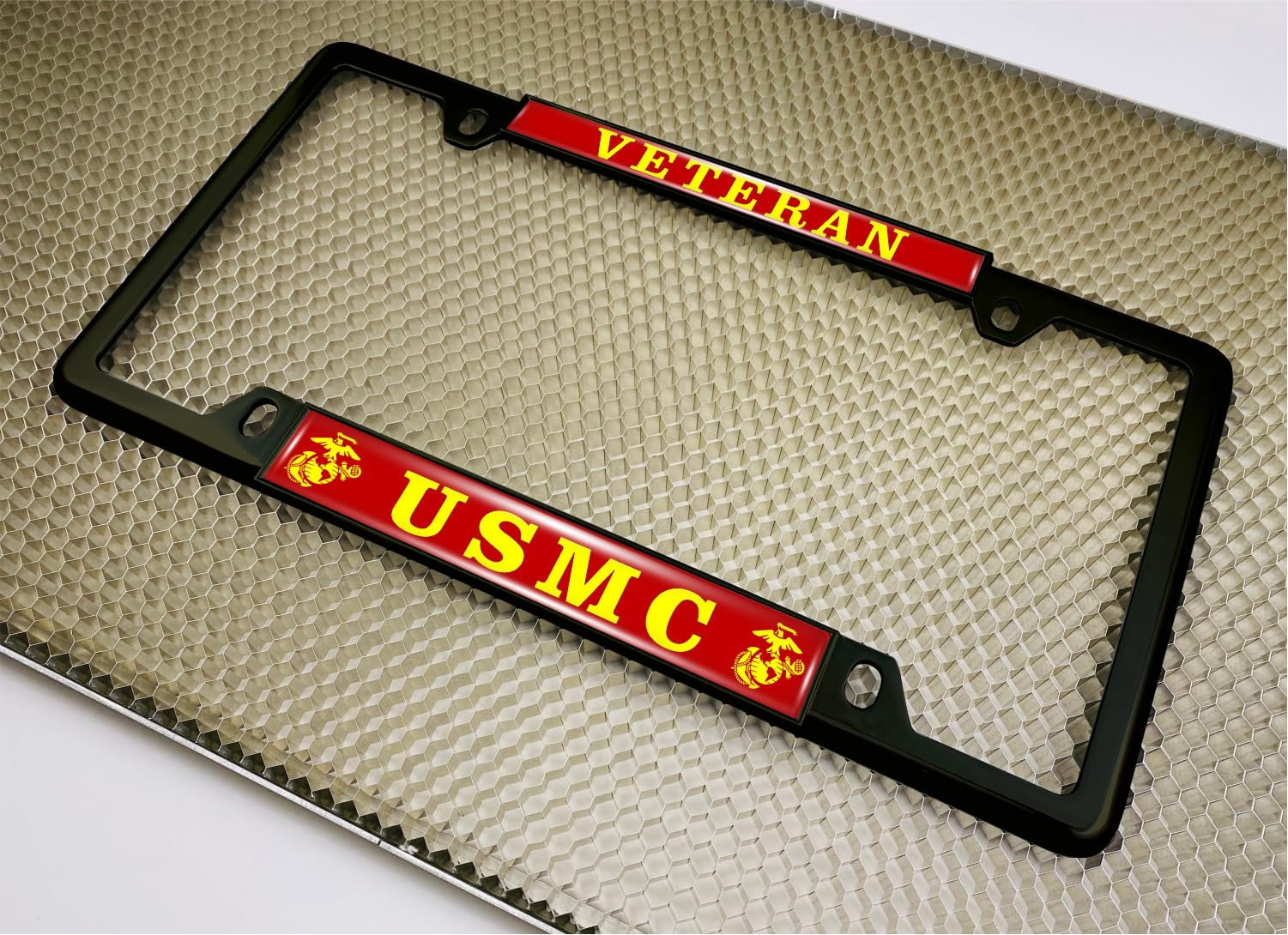 [Officially Licensed US Marine Corps Product] - Veteran USMC with EGA Emblem - Domed Custom-Made Personalized Thin Top 4-Hole Metal Car License Plate Frame with Free caps - Black Frame (Qty: 1)
