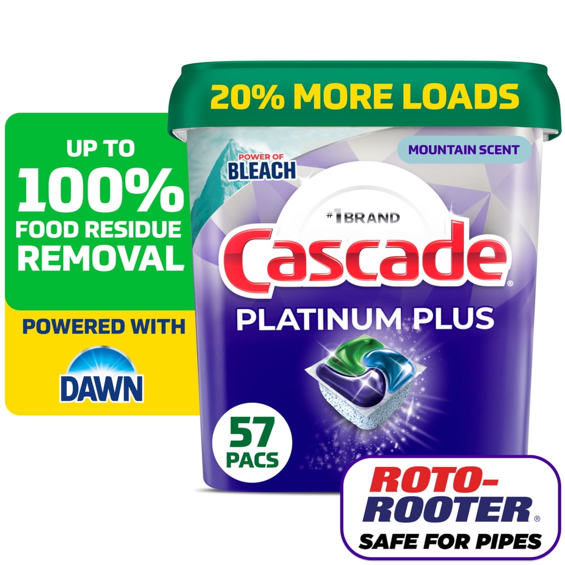 Cascade Platinum Plus Dishwasher Pods, Mountain, 57 Count