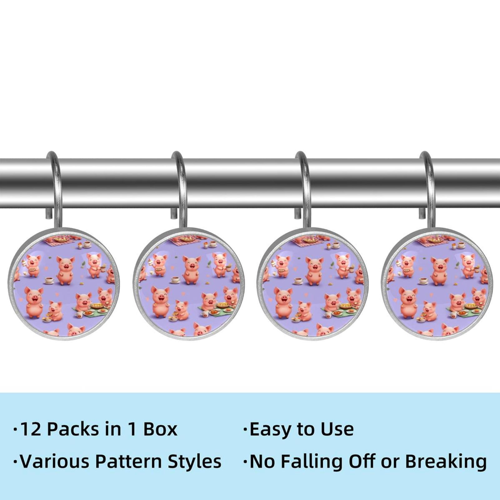 12pcs Decorative Shower Curtain Hooks, Rust Resistant Shower Rings for Bathroom Living Room,Rustproof Stainless Steel Rings for Shower Curtain and Liner Rods,Happy Pigs Picnic