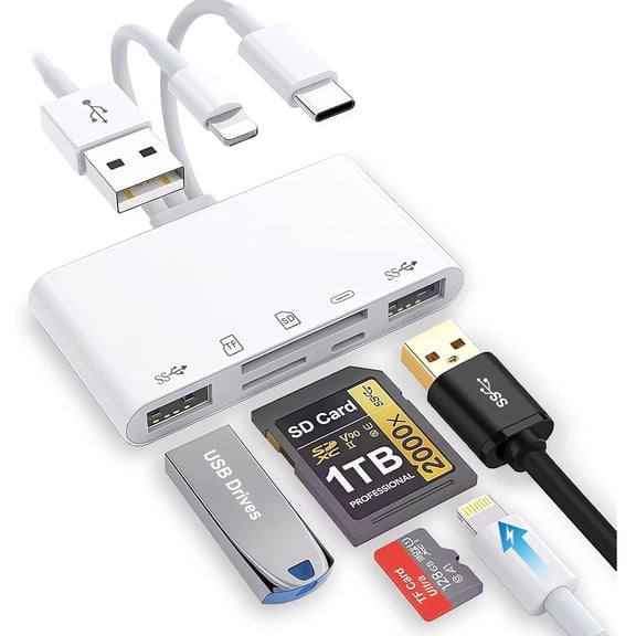 5-in-1 Memory Card Reader,USB OTG Adapter & SD Card Reader for i-Phone/i-Pad, USB C and USB A Devices with Micro SD & SD Card Slots, Supports SD/Micro SD/SDHC/SDXC/MMC