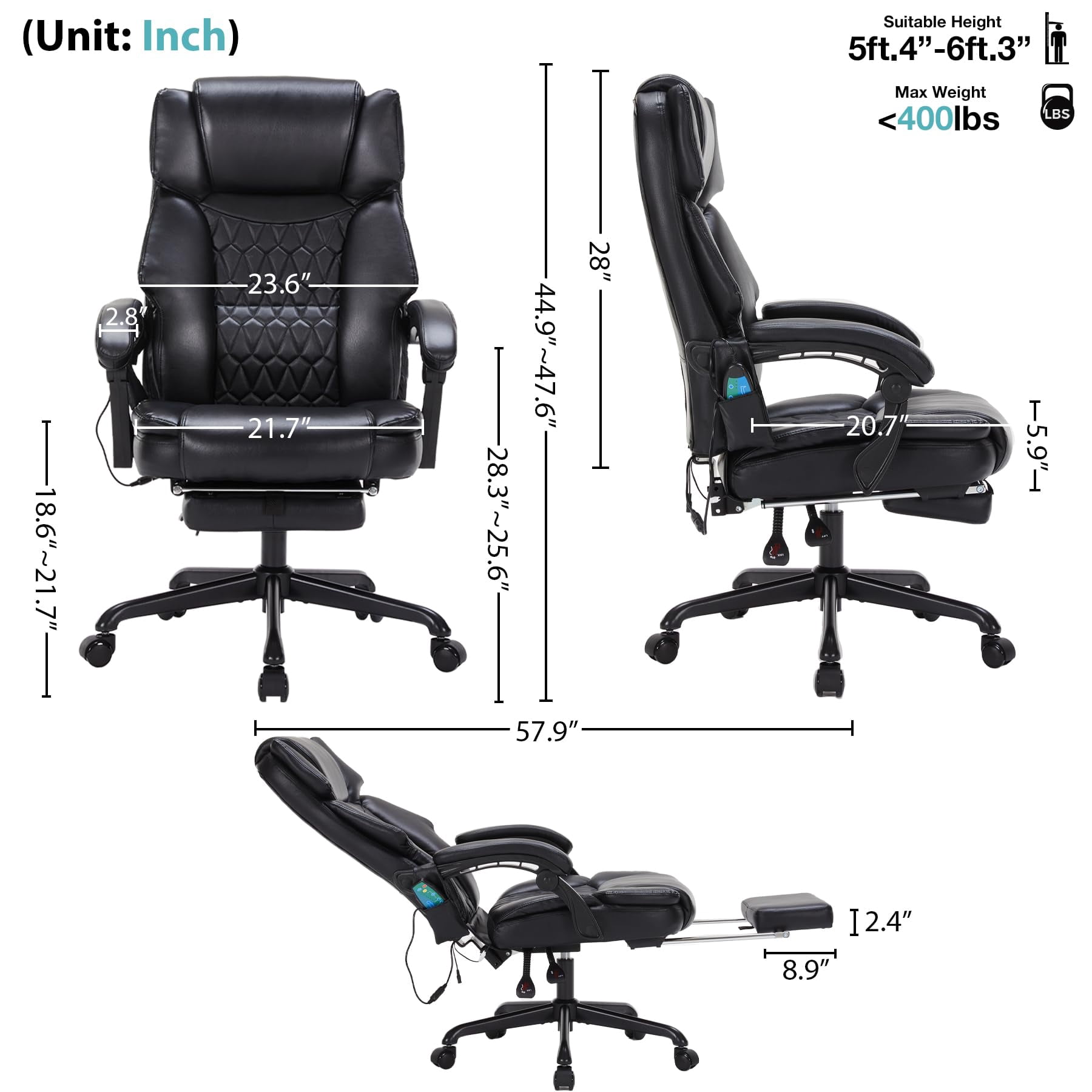 HESL Office Chair With Massage And Heated Lumber Spport, Big and Tall Reclining Desk Chair,Black