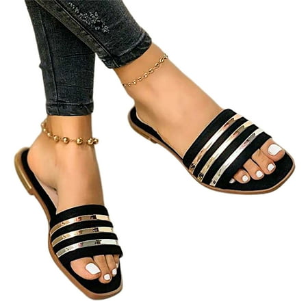 

huanledash Women Summer Outdoor Casual Soft Flat Non-slip Open Toe Stripe Slippers Shoes
