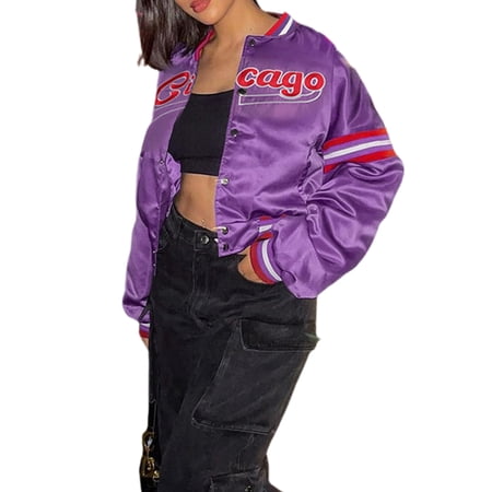 KOMOO Women Baseball Bomber Jacket Long Sleeve Button Baseball Jacket Outerwear with Pockets
