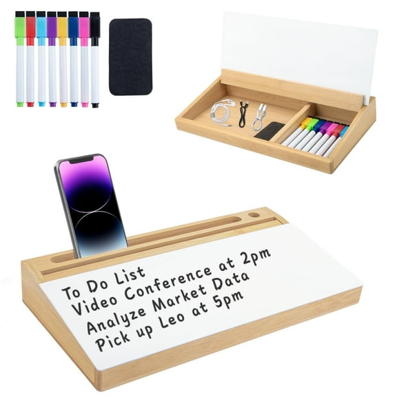 DAZUINIAO Back to Scool Desk White Board with Dry Eraser and Marker with Bamboo Storage Compartment Tablets Phones Slot for Adults Teens Office White