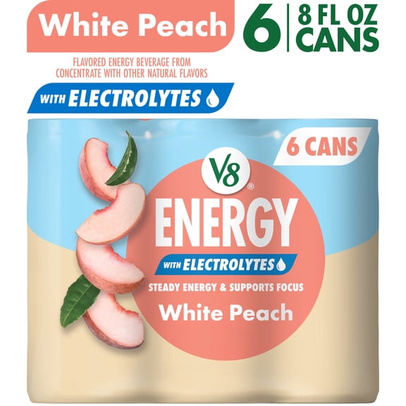 V8 Energy with Electrolytes White Peach Energy Drink, 8 fl oz Can, 6 Pack