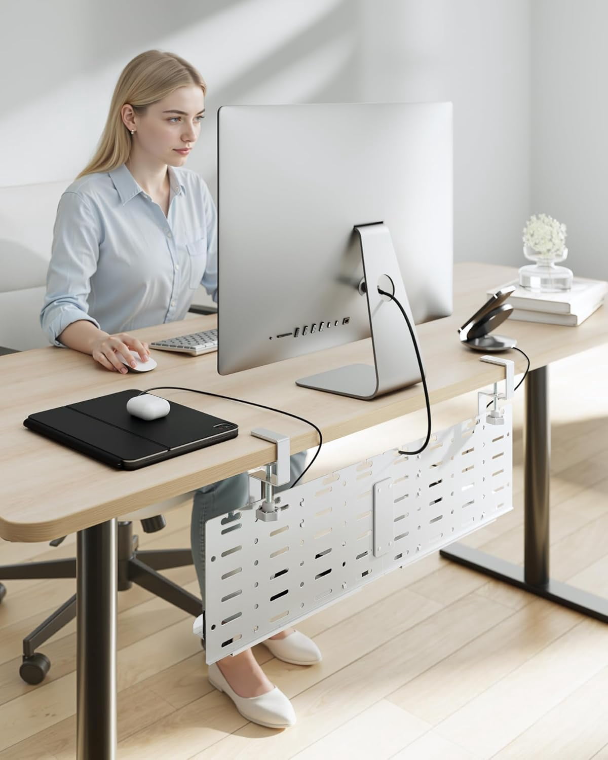 Under Desk Cable Management Tray, 30.2" Vertical Metal Pegboard Organizer for Power Strip, Cables, Clamp-On Cord Organizer Rack with Hooks, Trays & Cable Straps for Home Office, White