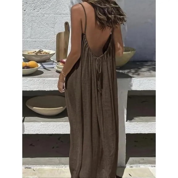 Women's Solid Color Cami Lounge Dress Spaghetti Strap Backless Maxi Dress Elegant Sleeveless Flowy Long Dress for Summer Casual Vacation Beach House Dress Sleepwear