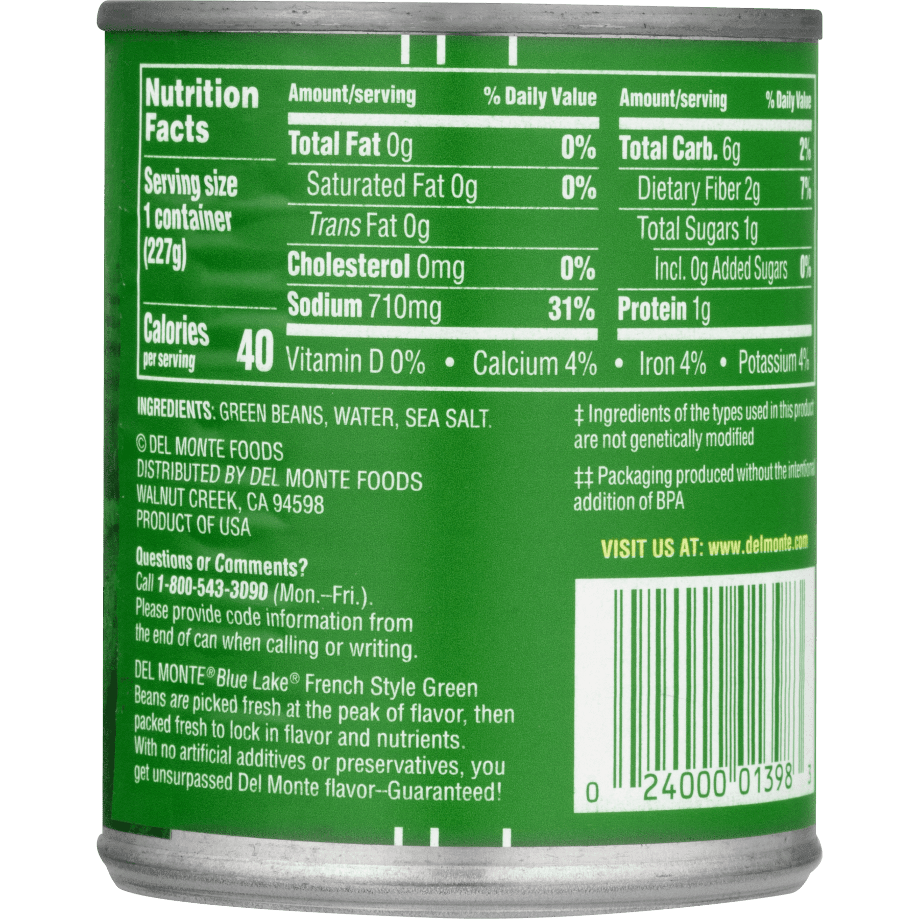 del monte green beans nutritional info