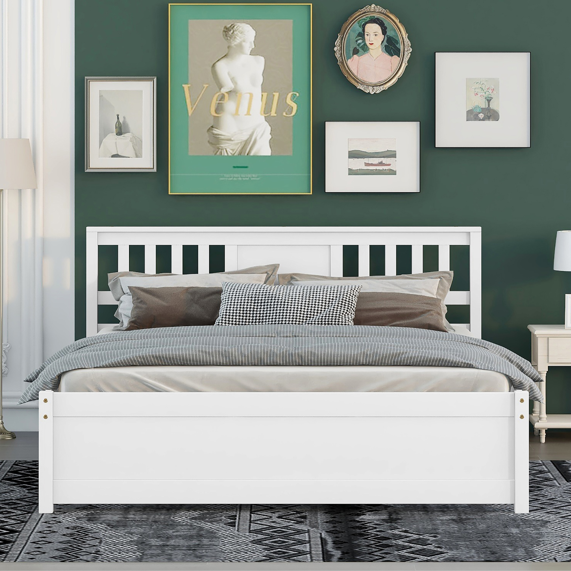 SYNGAR White Queen Bed Frame with Headboard and Footboard, Solid Wood