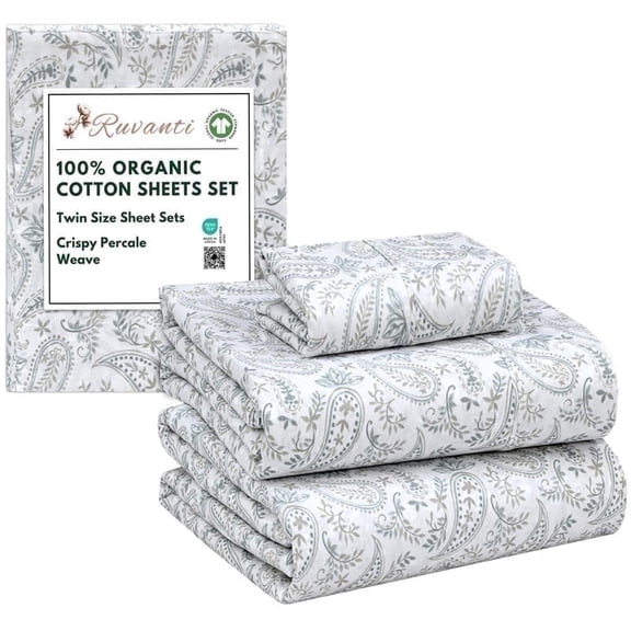RUVANTI 100% Organic Cotton Sheets - Twin Sheet Set - 3 Piece Percale Weave Bedding, Crisp, Cooling & Breathable, Soft & Durable, 16" Deep Pocket, Hotel Quality Sábanas - Ornate Oasis