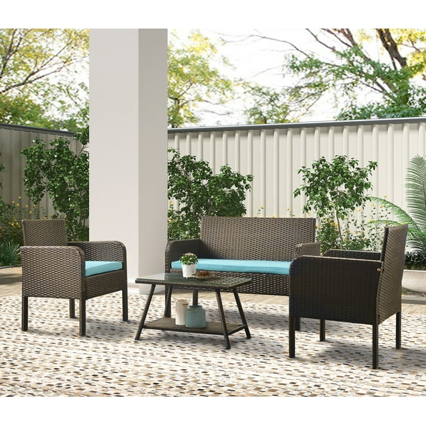 Wicker Patio Sets, 4 Piece Outdoor Conversation Set With Glass Dining