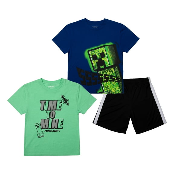 Minecraft Boys 3-Pack Shirt Set - Includes Two Tees and Mesh Shorts-Medium
