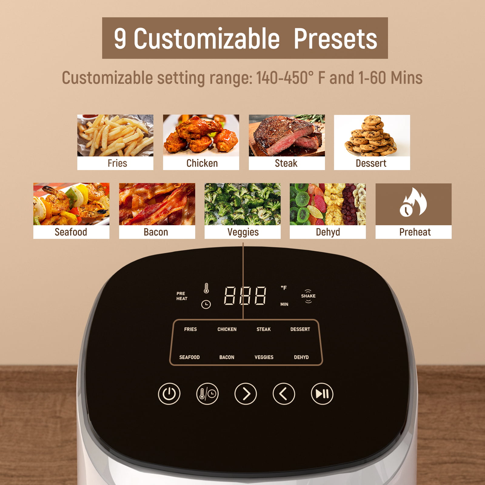 Air Fryer, Fabuletta 9 Customizable Smart Cooking Programs Compact 4QT Air  Fryers, Shake Reminder, 450°F Digital Airfryer,Tempered Glass Display