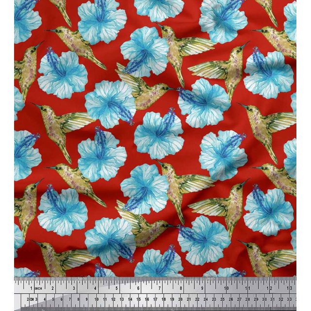 Soimoi polyester Crepe Fabric Hummingbird & Floral Fabric Prints By Yard 52 Inch Wide