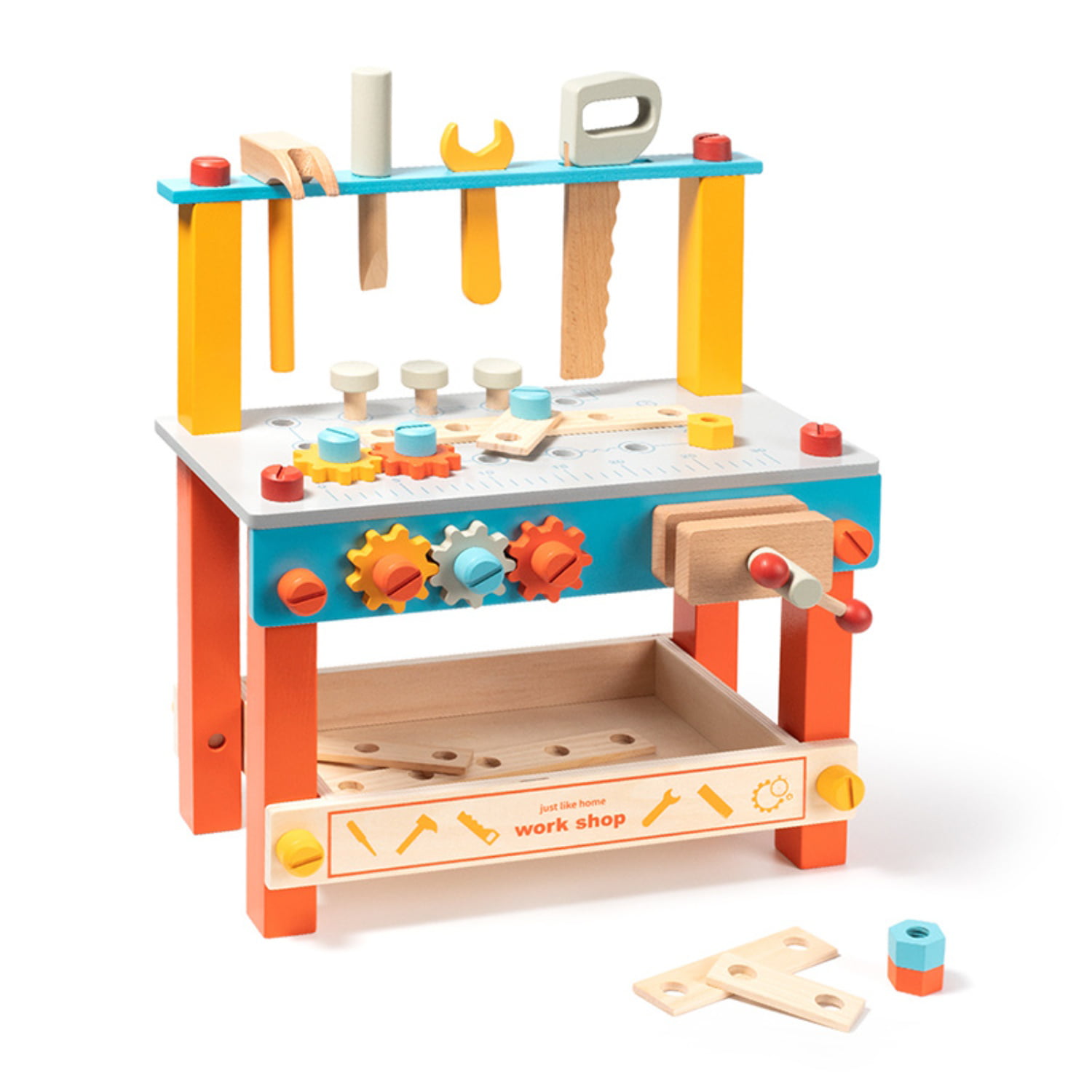 ROBOTIME Wooden Tool Bench for Kids,Toy Play Workbench Workshop with Tools  Set, Creative Wooden Toy Construction Tool Bench for Year Old Boys 