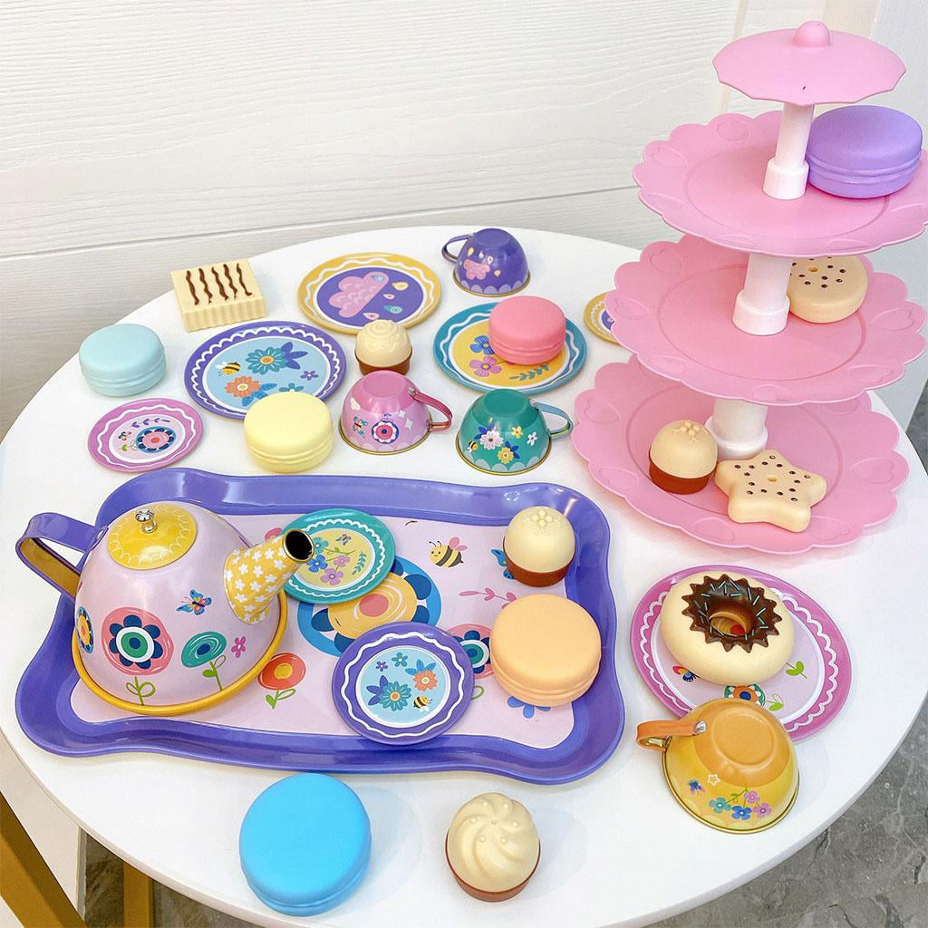 Children's Pretend Toy Deluxe Afternoon Tinplate Tea Set & Tea Tray-Green Flower 