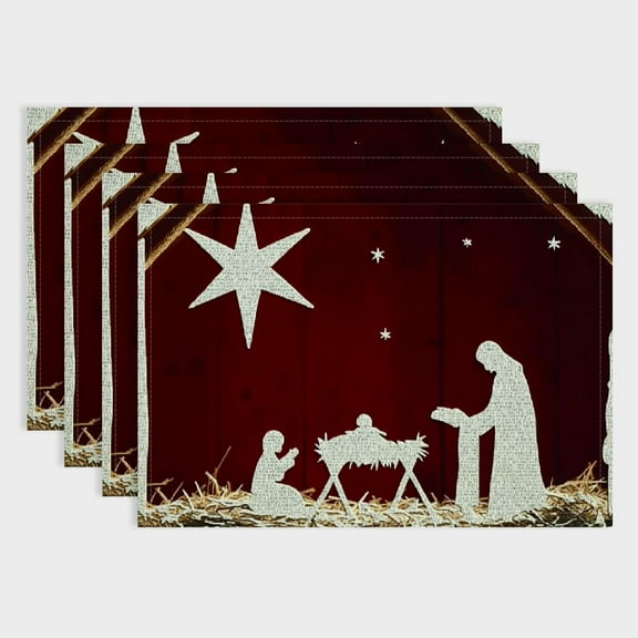 Fenyluxe Set of 4 Christmas Dining Table Placemats Jesus Born Blessed Snowflake Xmas Placemats Table Mats Table Decor for Winter Christmas Holiday Party Decoration 18x12in