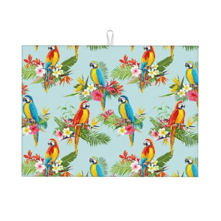 

Large Dish Drying Mats for Kitchen Counter - Pastel Cute Parrot Palm Leaf 18x24In Anti-Slip Absorbent Microfiber Drying Mat for Kitchen Counter Mat Dish Rack Mat with Hanging Loop