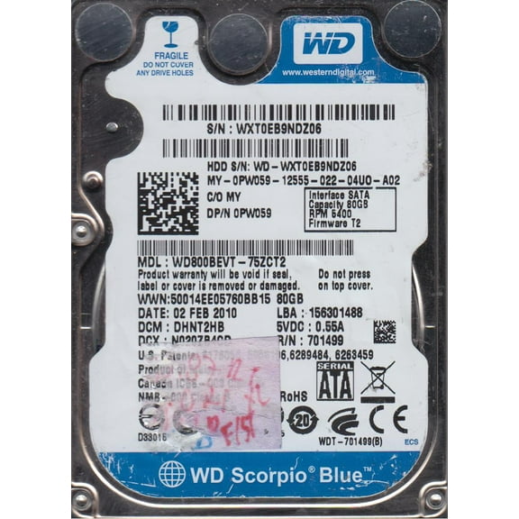 WD800BEVT-75ZCT2, DCM DHNT2HB, Western Digital 80GB SATA 2.5 Hard Drive