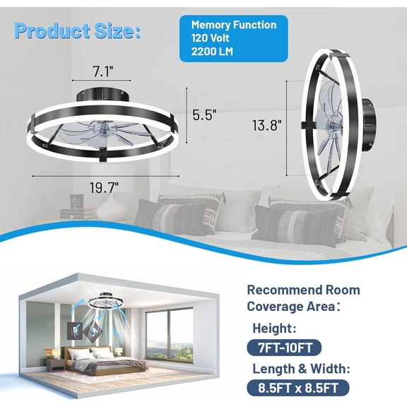 Low  Bladeless Ceiling Fan with Lights & Remote - 19.7 Flush Mount Fandelier for Bedroom Kitchen