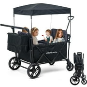 Foldable 4 Seat Wagon Stroller for Big Kids with Canopy, Spacious Travel Push and Pull Stroller Collapsible Quad Stroller Wagon Baby with Convertible Seats and Tray, 5-Point Harnesses