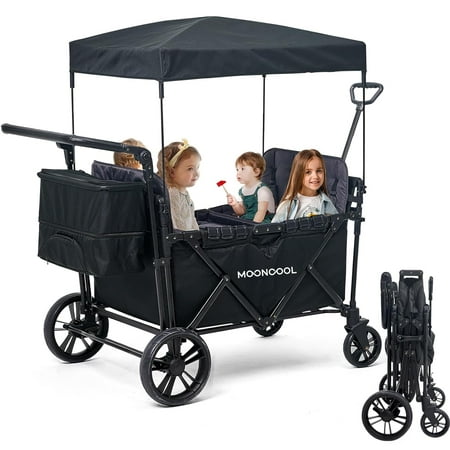 Foldable 4 Seat Wagon Stroller for Big Kids with Canopy, Spacious Travel Push and Pull Stroller Collapsible Quad Stroller Wagon Baby with Convertible Seats and Tray, 5-Point Harnesses