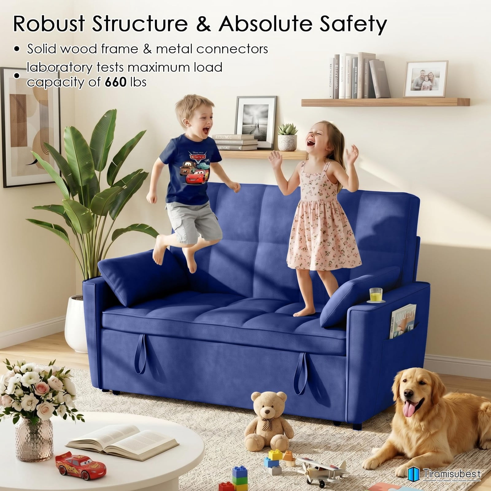 54" Sleeper Sofa Bed, Convertible Pull Out Couch Futon with Side Table, USB Ports, Cup Holder, Adjustable Backrest, Velvet Sofa Bed for Living Room Apartment, Dark Blue