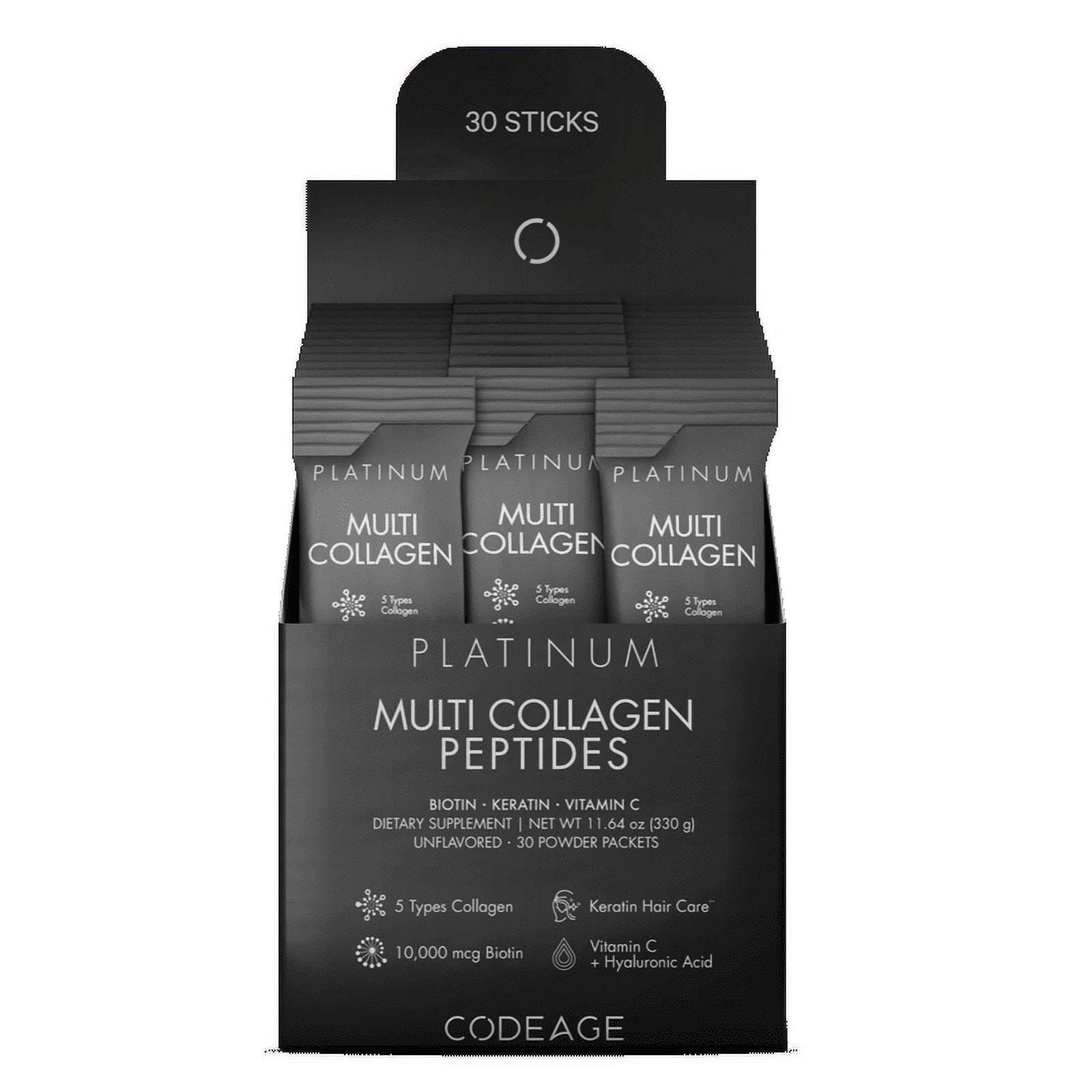 Codeage Multi Collagen and Biotin 10,000 mcg + Vitamin C Powder Supplement, B6 & D3, 30 Stick Packs