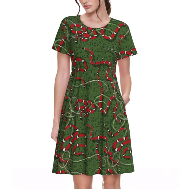 Easygdp Red Snake para Vestido Transpirable de Mujer, Vestido Suelto de Manga Corta con Pliegues y Bolsillos para el Verano