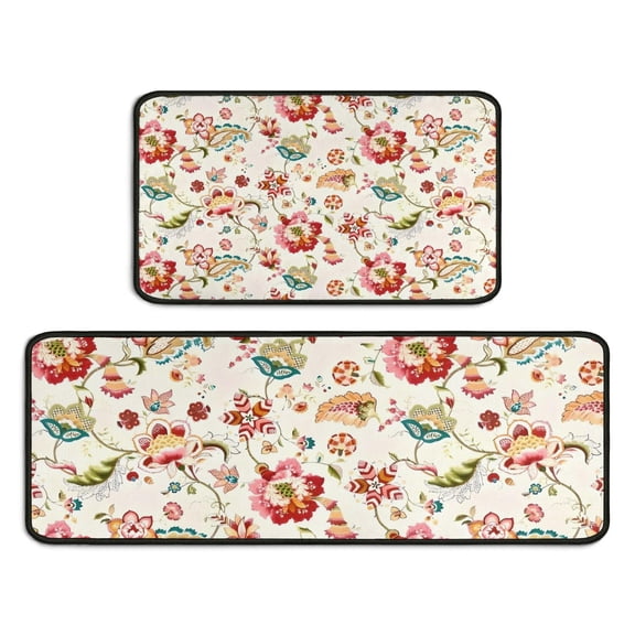 Pioneer Flower Floral Print Pattern Kitchen Rugs Sets Of 2,Anti Fatigue Kitchen Mat Rugs Non Slip Washable,Decorative Kitchen Floor Mats for Kitchen,Sink,Laundry,17"X30" 17"X47"