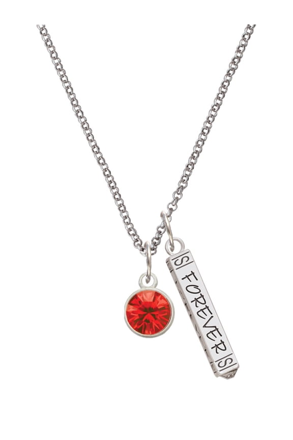 10mm Red Crystal Drop Silvertone Forever Bar Charm Necklace, 23"