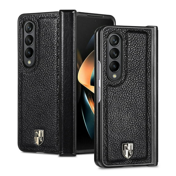 Genuine Leather Case Cpmpatible with Samsung Galaxy Z Fold 4 with Hinge Protection Slim Durable Z Fold 4 Case-Black