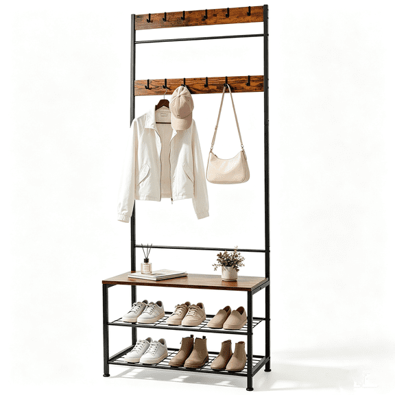 Coat Rack, Hall Tree with Shoe Storage Bench, Entryway Bench with Shoe Storage, 3-in-1, Steel Frame, for Entryway, Industrial, Rustic Brown and Black