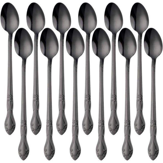 Iced Tea Spoon Set for 12 Coffee Spoon 7.9 -Inch Stainless Steel Spoon Set Ice Cream Spoon Long Spoon Dessert Spoon Milkshake Spoon-Black