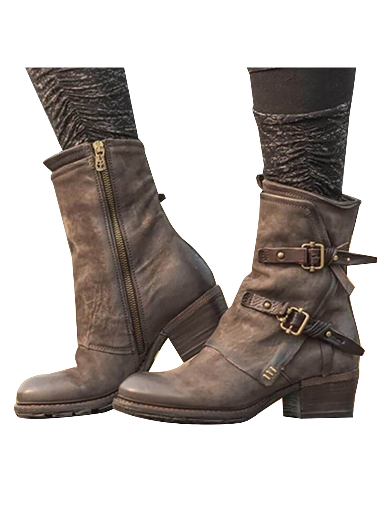 CYBLING Womens Ankle Booties Buckle Strap Chunky Stacked Heel Side Zipper Round Toe Winter Boots CYBLING Womens Ankle Booties Buckle Strap Chunky Stacked Heel Side Zipper Round Toe Winter Boots