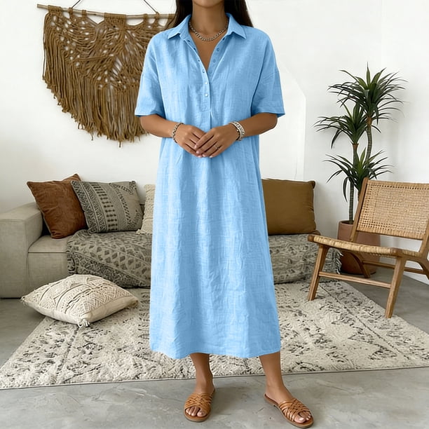 plain cotton dress Odbmxy Shift Women Midi Dresses Short Sleeve Summer Shirt Collared Casual Womens Dress Modest Holiday, Women's, Size: 2XL, Blue Size:24w Navy Blue Bridal Party RED261W Product Description Modest dress