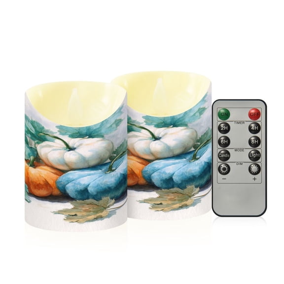 2 PCS Tilted Flameless Candles Flickering LED Lights Battery Operated Candles with Remote Timers for Holiday Decor Watercolor Pumpkins and Leaves