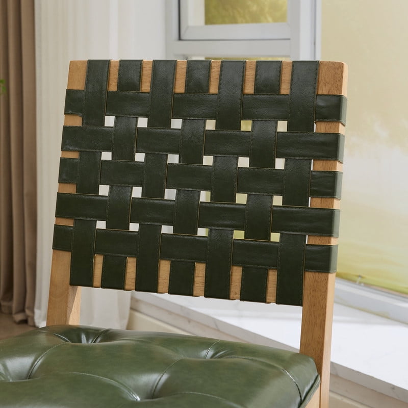 2-Piece Woven Backrest Dining Chairs, Mid‑Century Modern Armless Kitchen Chairs, PU Leather Upholstered Seat Accent Side Chair