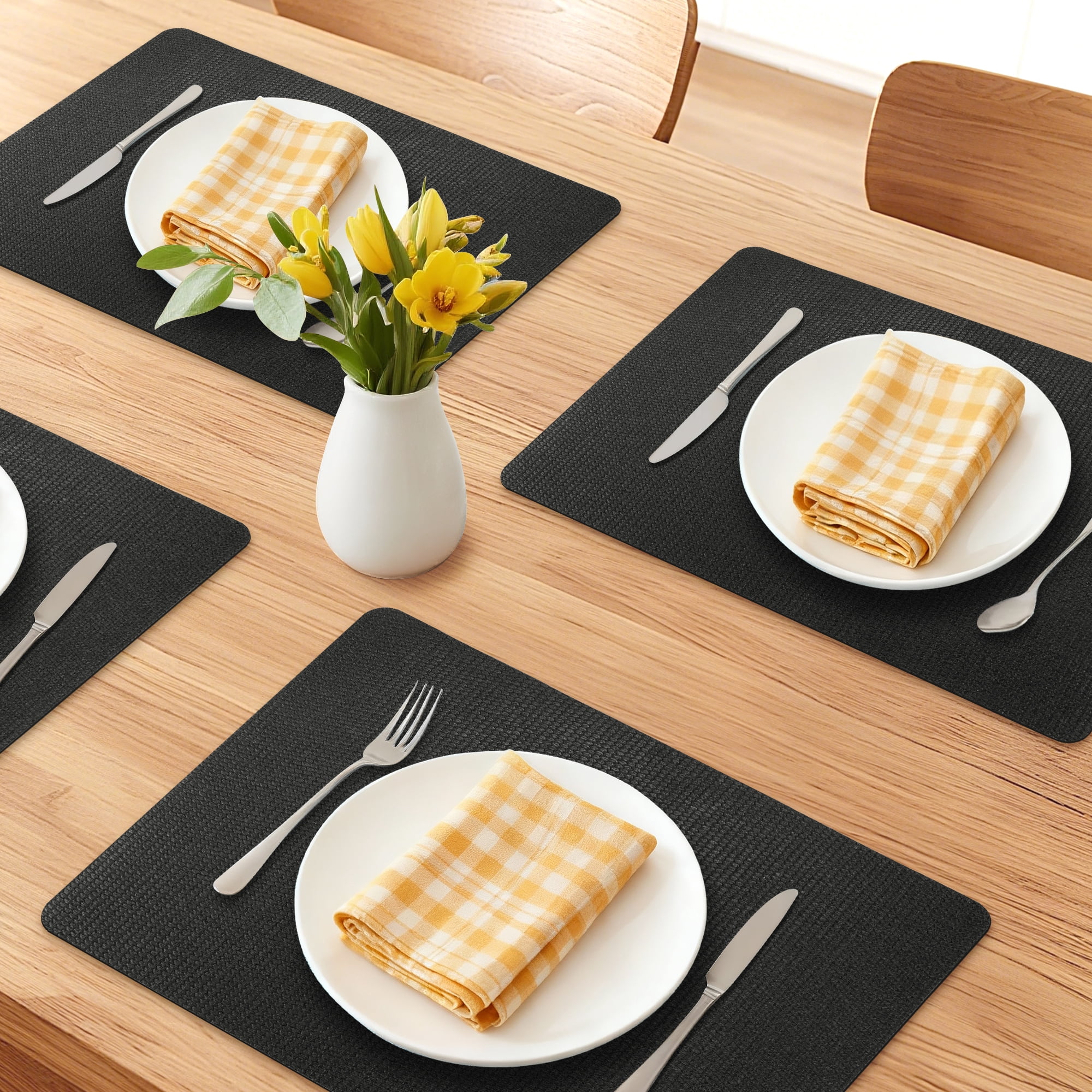 Unique Bargains 6pcs Faux Leather Table Mats for Kitchen Black 16.9"x11.8"