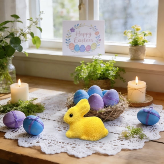 Easter Egg Fillers Bunny Toys,Colorful Rabbit,Mini Flocked Easter Bunny,Easter Decorations for Home Table Centerpiece,Party Favor(Yellow)