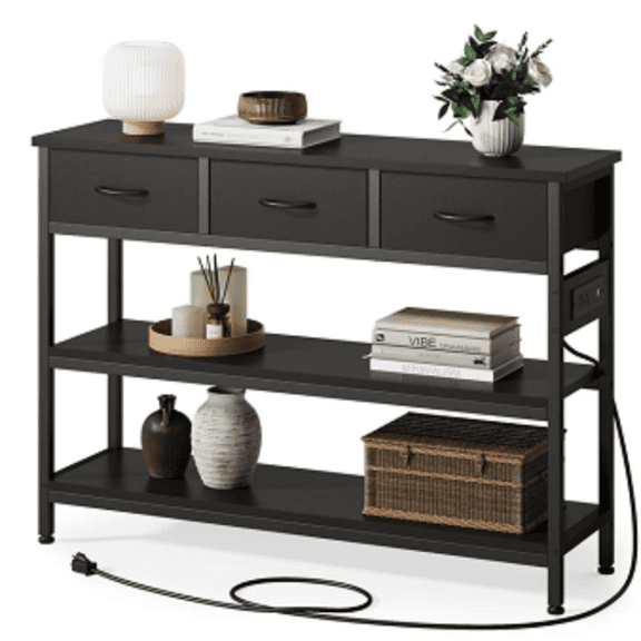 Aufeile 43" Narrow Console Table, Entryway Table with 3 Drawers and Outlets, Fabirc Sofa Table with Open Shelves for Couch, Hallway, Foyer, Living Room, Black