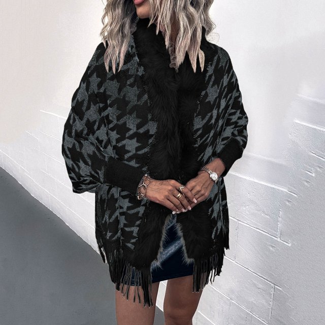 Custom Autumn Women Jacket Houndstooth Pattern Long Collar Tassel Casual Sweater Knit Cardigan