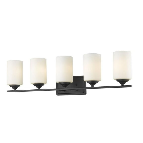 5 Light Steel Vanity Light Fixture with Cylinder Matte Opal Glass-8.5 inches H By 30.75 inches W-Bronze Finish Bailey Street Home 372-Bel-1918256
